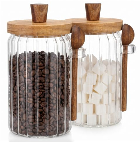 autumndeer 2 Pack 900ml Coffee Bean Jar with Wooden Spoon And Lid, Coffee Glass Jars Ribbed Design, Tea Coffee Sugar Canisters, Coffee Container for Coffee/Tea/Sugar/Spice/Nuts & Sweets