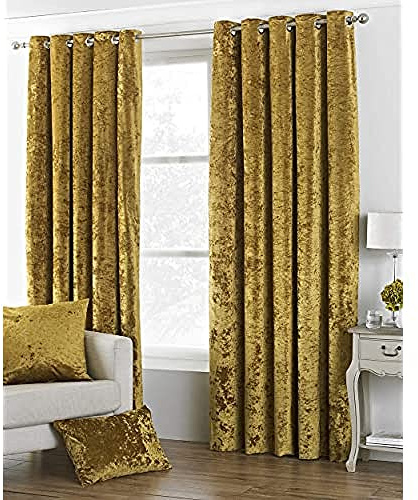 Paoletti Verona CRUSHED VELVET Eyelet Curtains, 90 x 54 (229 x 137 cm), Ochre Yellow
