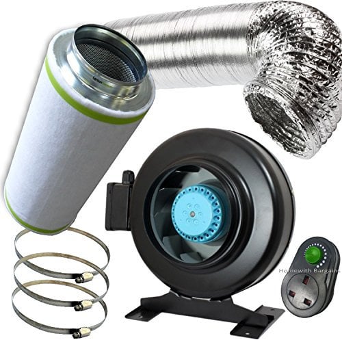 5 Air Odour Ventilation Extractor Control Kit, VORTEX PRO Metal in-Line Fan, Large Carbon Filter, Fan Speed Controller, Ducting & Clips