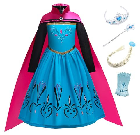 Eleasica Filles Manches Longues Déguisements Robe Longue Cape Princesse Elsa Reine des Neiges Diadème Gants Baguette Magique Tresse Bleu Doux Costume d'Halloween/Noël, Multicolore, 110 cm