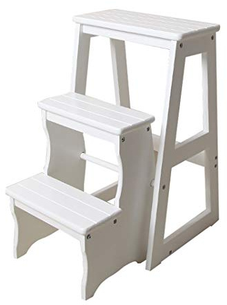 Passo Sgabello Scale Sgabello Pieghevole in Legno 3 gradini Sgabello Leggero per casa libreria soppalco Scaffalatura a Scala - capacità 150kg (Bianca)
