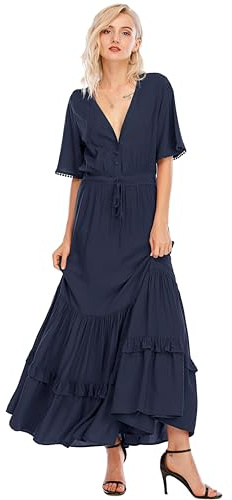 R.Vivimos Femmes D'été Cou en V Bouton à Manches Courtes Robe Bohème Fleur Longue Robe A Ligne Volants Longue Plage Robe(S,NavyBlue)