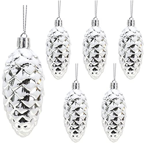Christmas Concepts® Pack of 6–90mm Shiny & Glitter Decorated Pine Cone Baubles – Christmas Tree Decorations (Silver)