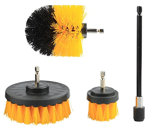 Mesee Set of 4 Piece Drill Brush Attachment, 3 Types Power Scrubber Cleaning Scrub Brushes with Extension Rod Holder Drillbrush Cleaner Tool Kit for Car Grout, Floor, Tub, Tile, Kitchen Surface