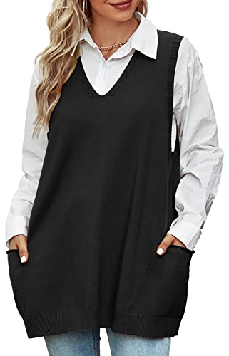 Xnova Pulls sans Manche Femme Gilets Tricoté Col en V | Classique Oversize Pull Chaud Ribbed Pull-Over Tops Débardeurs Chandail avec Poches pour Automne Hiver Bureau