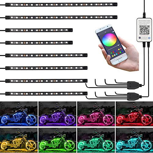 Kairiyard 8Pcs Kits de lumières LED pour Moto, Synchronisation Musicale APP Control 96 LEDs RGB Bandes LED IP67 Étanche Accent Glow Neon pour Harley Davidson Honda Kawasaki Suzuki Quad Caravane.