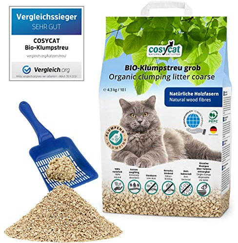 COSYCAT Klumpendes Bio-Katzenstreu aus Holz [100% Natürlich] – in der Toilette entsorgbar – Klumpstreu pflanzlich - Holzstreu (GROB, 10 l (1 x 10 l))