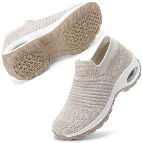 STQ Trainers Women Walking Sneakers with Memory Foam Mix Beige UK 3.5