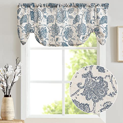 TOPICK Leinen Scheibengardine 1 Panel Blau auf Beige 50Hx127B(cm) Blumen Bedruckt Bistrogardine Tie Up Floral Print Pull Cord Kurz Vorhang Bauernhof Vorhänge Küche Wohnzimmer Dekor