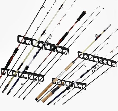 Fishing Rod Pole Holder Storage Organizer Display Fishing Hooks Hanger Wall or Ceiling Mount Metal Holds up to 16 Rods Vertical/Horizontal for Garage, Cabin and Basement