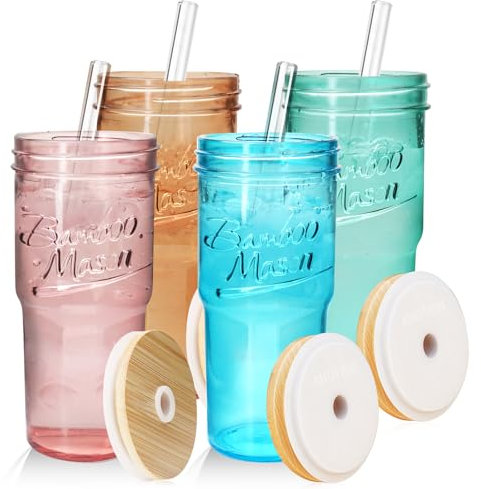 ANOTION Farbige Glasbecher mit Deckel und Strohhalmen 24oz Reise Kaffeebecher Breiter Mund Mason Jar Eiskaffee Tasse Smoothie Cup Glas Tumbler Tee