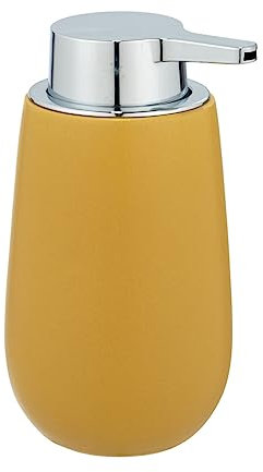WENKO Seifenspender Badi, nachfüllbarer Flüssigseifenspender aus hochwertiger Keramik mit Matter Oberfläche, Pumpkopf aus robustem Kunststoff, Füllmenge 320 ml, 9,5 x 16 x 8 cm, Gelb