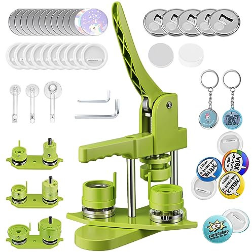 Buttonmaschine Button Maker 25+32+58 mm 300 Sets Kunststoff-Abzeichen-Nadelrücken Zimiking mit 10 Flaschenöffner, 10 Schlüsselanhänger-Sets, Formen & Rundpapierschneider (Grün)