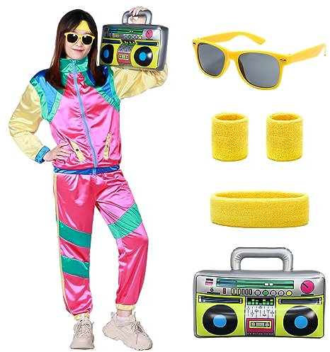 Alaiyaky 90er 80er Jahre Outfit, Retro Jogginganzug Herren Damen 80er Trainingsanzug mit Hose Anzug Schweißbänder Brille Ghettoblaster, 80er Kostüm Bad Taste Outfit für Karneval Faschings (L, Rot)