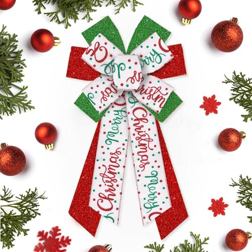 Hying Große Weihnachtsschleifen für Kranz, Weihnachtskranz, Schleife, Glitzer, grün, rot, weiß, Juteschleifen, Weihnachtsbaumspitze, Schleifen, Ornamente für Haustür, Neujahr, Weihnachtsfeier,