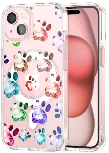 Idocolors for iPhone 15 Pro Case Compatible with MagSafe, Magnetic Cute Cartoon Dogs Paws Design Clear Phone Cover for Girls Women Soft TPU Hard Back Shockproof Protective Case for iPhone 15 Pro 6.1