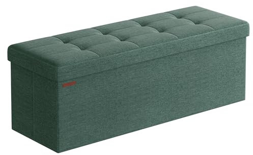 SONGMICS Sitzhocker mit Stauraum, klappbare Sitzbank, 38 x 110 x 38 cm Fußbank, Aufbewahrungsbox, bis 300 kg belastbar, für Wohnzimmer Schlafzimmer Flur, vintagegrün LSF077C01