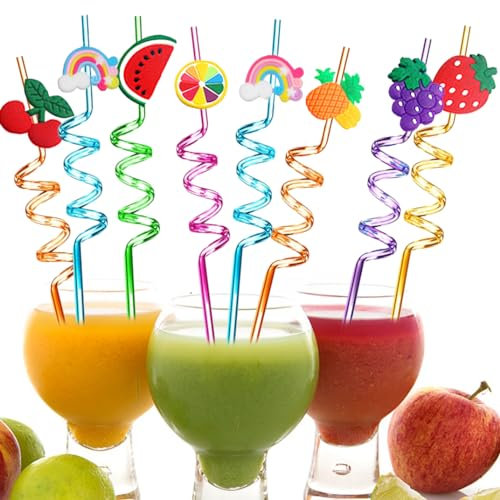Strohhalme Kinder, 8 Stück Strohhalme Obst Regenbogen, Lockige Strohhalme, Kinder Strohhalme, Wiederverwendbare Trinkhalme für Kinder Geburtstag Party Deko, Party Zubehör