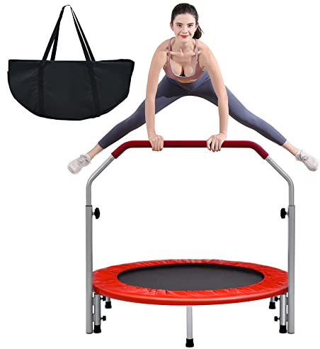 GYMAX Trampoline de Fitness Pliable avec Poignée Réglable à 4 Niveaux, Ressorts en Acier Renforcés, Couverture Rembourrée, Sac de Transport, Trampoline de Loisirs pour Adultes/Enfants (Rouge)