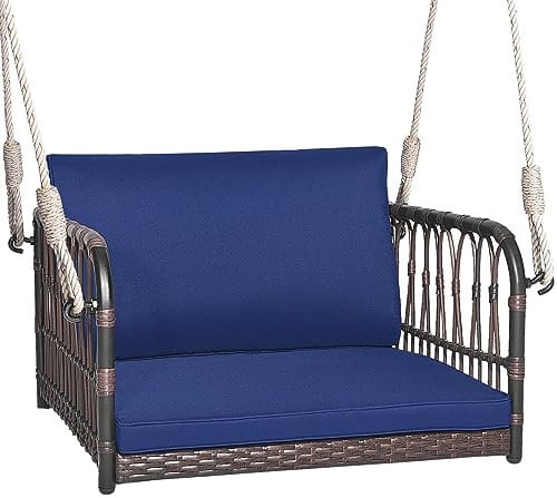 COSTWAY Patio Porch Swing Chair, Outdoor Single Person Hanging Seat with Back and Seat Cushion, Rattan Woven Hammock Chair for Balcony & Backyard