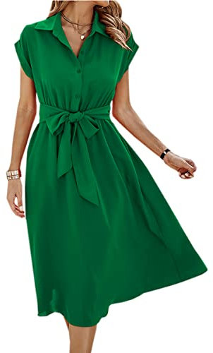ASOMI Sommerkleid Damen Hemdkleid Kurzarm: Elegant Kurzarm Strandkleid Büro Wickelkleid Mode Tasche Hemdblusenkleid Lässig Blusenkleid Midikleid Knopf Plisseekleid V-Ausschnitt Gürtel A-Grün XL