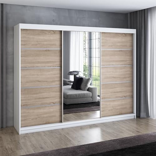 A&J MöbelLand Schwebetürenschrank VILANO 1, 3-türig Schrank 200 cm Kleiderschrank mit 4 Schubladen, und Spiegel (Weiß, Schwarz, Somona) (Weiß/Sonoma/Sonoma)