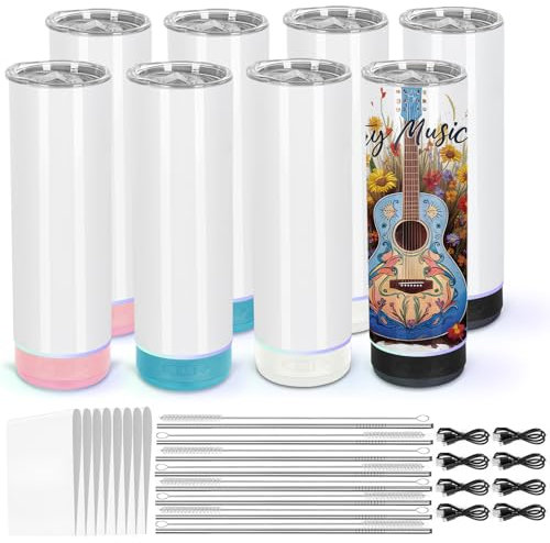 Micellwuu 8 Pack 20Oz Music Speaker Tumbler, Sublimation Music Tumbler Blanks, Double Wall Insulated Coffee Mug with Detachable LED Light, Speaker Cup (Black + White + Blue + Pink)