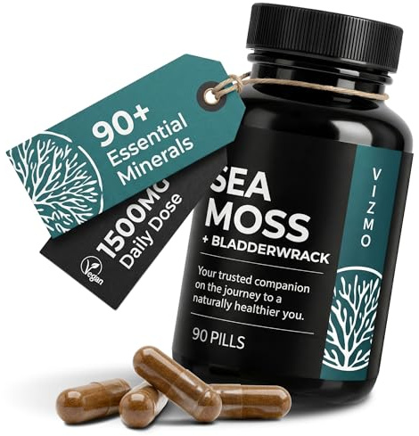 VIZMO Irish Sea Moss Kapseln 1500mg Tagesdosis, 90 Kapseln | Natürliches Irisches Seemoos & Blasentang, Chondrus Crispus, Frei von Magnesiumstearat, Vegan, Ohne Zusatzstoffe