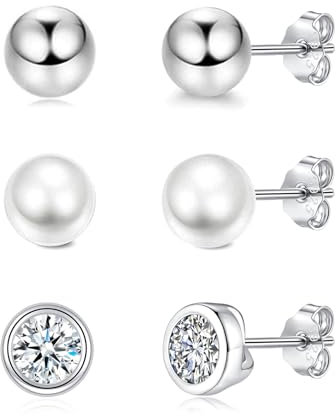 Josfeva 3 Paare 925 Sterling Silber Ohrstecker Ohrringe Set, Silber Ohrstecker Ohrring für Damen, 4mm Kugel/Weiße Perlenohrstecker/Ohr Stecker mit Zirkonia, Hypoallergene Silber Schlafen Ohrringe Set