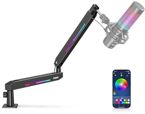 TONOR RGB Gaming Mic Arm, Low Profile Microphone Boom Arm with controllable RGB Light, Mic Stand with Cable Management, Compatible with most microphones, for Streaming, Studio, T90LP
