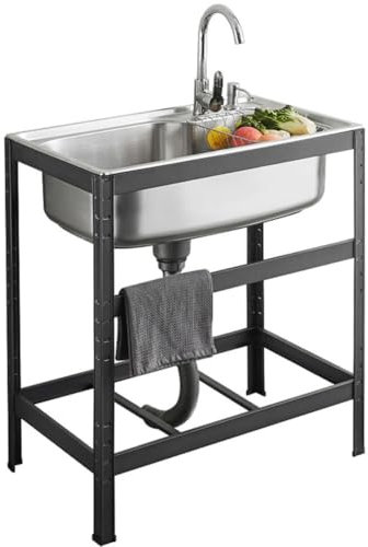 Fregadero de Cocina con Grifo, Fregadero Independiente para Lavandería, Fregadero Portátil de Acero Inoxidable, Fregadero Comercial de un Tazón, Fregadero Utilitario Exteriores(58x43cm/23x17inch)