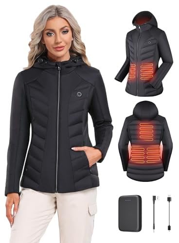 Vofuoti Damen Beheizbare Jacke mit akku 10000mAh, Elektrische Heizjacke with Kapuze, Winddichte Heizbare Beheizte Jacke für Skifahren, Wandern, Camping