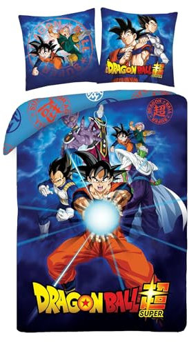 Halantex DRAGONBALL GOKU con amigos Beerus Junior Gohan Vegeta - Kamehameha - Juego de cama funda nórdica de 140 x 200 cm con funda de almohada de 70 x 90 cm - 100% poliéster multicolor
