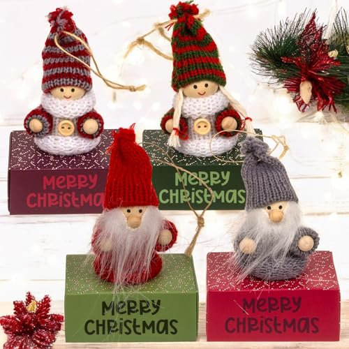 MIJOMA 4er Set Mini-Geschenkschachteln mit süßen Wichteln 7.5 cm aus Holz und Strickstoff, Geschenkbox Pappkarton, Aufziehbare Schachtel Merry Christmas, ideal für Geldgeschenke (Bunter Mix)