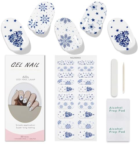 JMEOWIO Gel Nail Stickers Christmas Blue Snowflake Star Semi Cured Gel Nail Strips Wraps UV/LED Nails Art Design Decoration Accessories