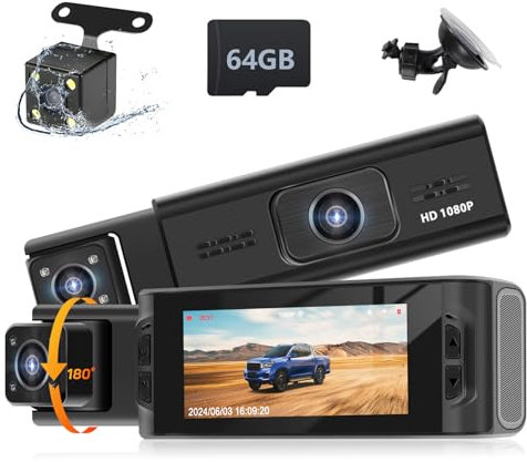 Podofo 3.16'' 3 Channel Mirror Dash Cam 1080P Front and Rear Inside with 64GB Card IPS Screen Dash Camera support G-Sensor Motion Detection Loop Recording Parking Assistance Exposure Compensation