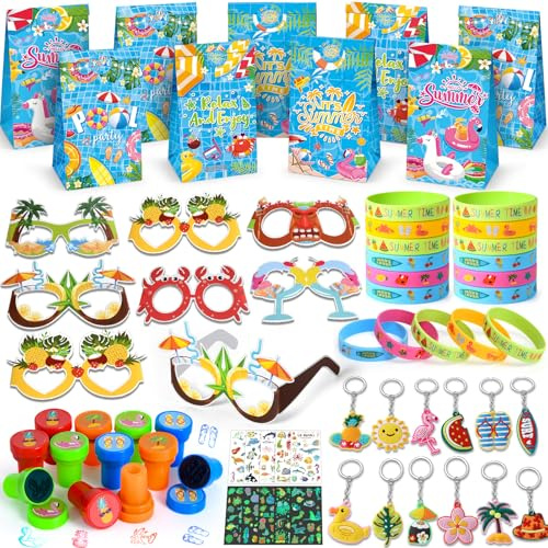 Pool Sommer Mitgebsel Kindergeburtstag Gastgeschenke Jungen Mädchen mit Geschenktüten Brille Armbänder Tattoo Sticker, Strand Hawaii Party Deko Spielzeug Kinder Pinata Füllung Give Aways Mitbringsel