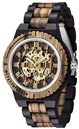 Tiong Herren Holzuhr Mechanische Skelett Automatisches Uhrwerk Holzuhren | Retro Leichte Herrenuhr mit Holz Geschenkbox, Klassische Holzuhr als Geschenk für Männer