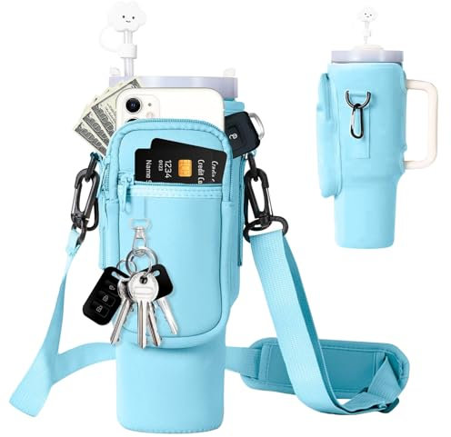 Tasche für Stanley Cup 40oz - Tragetasche mit Handyfach, Karabiner & verstellbarem Schultergurt - Ideal für Reisen, Wandern, Laufen & Radfahre (Himmelblau)