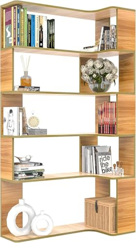 Lvhecforhm Bücherregal, Eckbücherregal mit 5 Ebenen, Büroregal, Standregal, Freistehend Dekoregal, zur Präsentation, Raumteiler für Schlafzimmer, Büro, Eiche L-Förmiges Offenes Bücherregal 90x48x169cm