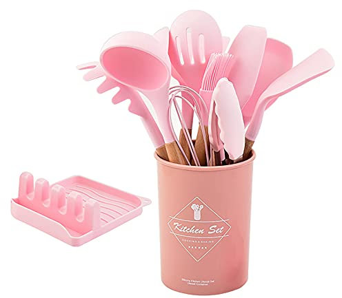 Swsdee - Batterie de Cuisine en Silicone 14 Pièces, Poignées en Bois, Résistante à La Chaleur, Antiadhésive, Avec Porte-Ustensiles, Lavable au Lave-Vaisselle (rose)