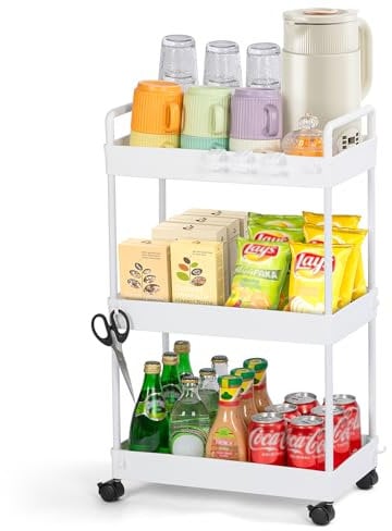 FoiiLiio Carrello Cucina a 3 Ripiani,Carrellino con Ruote Portatutto,Carrello Scorrevole,Organizzatore di Stoccaggio Carrello,Portaoggetti Multifunzionale per Bagno,Ufficio,Bianca