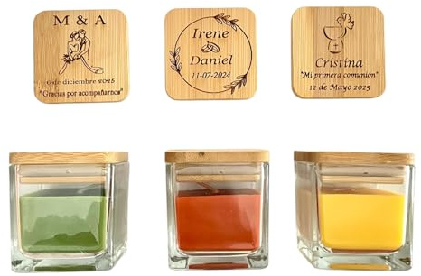 regalo grabado Pack 10 Velas Personalizadas Cristal Tapa Bambú Aromáticas | Pack de 10 velas aromáticas de cristal y tapa de bambú, Grabado de texto o logo, 5 aromas a elegir, Recuerdos para eventos