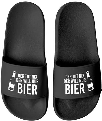 MoonWorks® Badeschlappen Spruch Lustig Der tut nix der will nur Bier Badelatschen Aufdruck Herren Umisex Badeschuhe Schwarz-schwarz 45