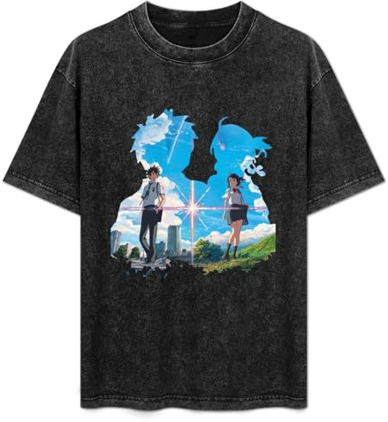 Kimi No NA WA Your Name Anime Hip Hop Mens T-Shirt Black Graphic Unisex tee Shirt XL