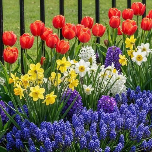 Blumenzwiebeln Winterhart Mehrjährig 50 Stück - Frühlingsmischung | Tulpen, Narzissen und Hyazinthen aus Holland, abgestimmter Frühblüher-Mix für Kübel, Garten und Balkon, keine Samen