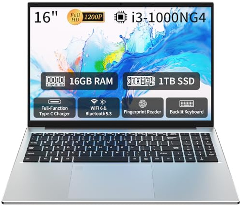 Auusda Ordenador portátil tradicional de 16 pulgadas, procesador i3 de 16 GB de RAM, SSD de 1 TB, color plateado, con teclado retroiluminado, huellas dactilares, WiFi 6, Bluetooth 5.3, para