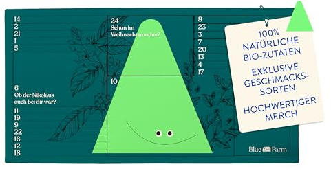 Blue Farm Adventskalender – 24 Türchen voller natürlicher Blue Farm Drinks, limitierter Wintersorten und hochwertigem Merch - natürlich, pflanzlich und mit Bio-Zutaten