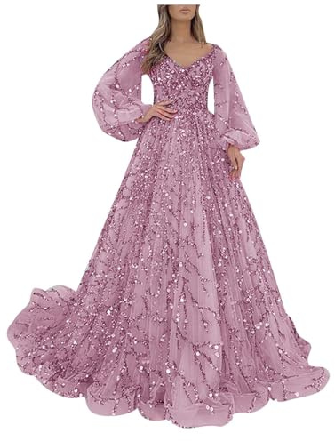 Vhersily 2026 Robe de Soirée Longue à Paillettes Plissé En Ligne Col En V Maillots de Princesse Gothique Strass Robes de Mariée Robes de Cérémonie à Manches Longues Robes de Demoiselle de Noël