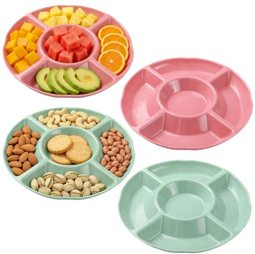 Kryndle 4 Pack Snack Trays, 5 Compartment Stackable Plastic Trays | Reusable Serving Platters For Party Food, Ideal For Nuts, Appetizers, Fruits, Desserts, Vegetables